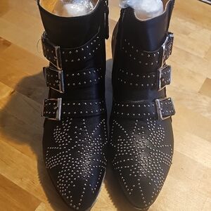 Black Studded Buckle Ankle Boots - Women